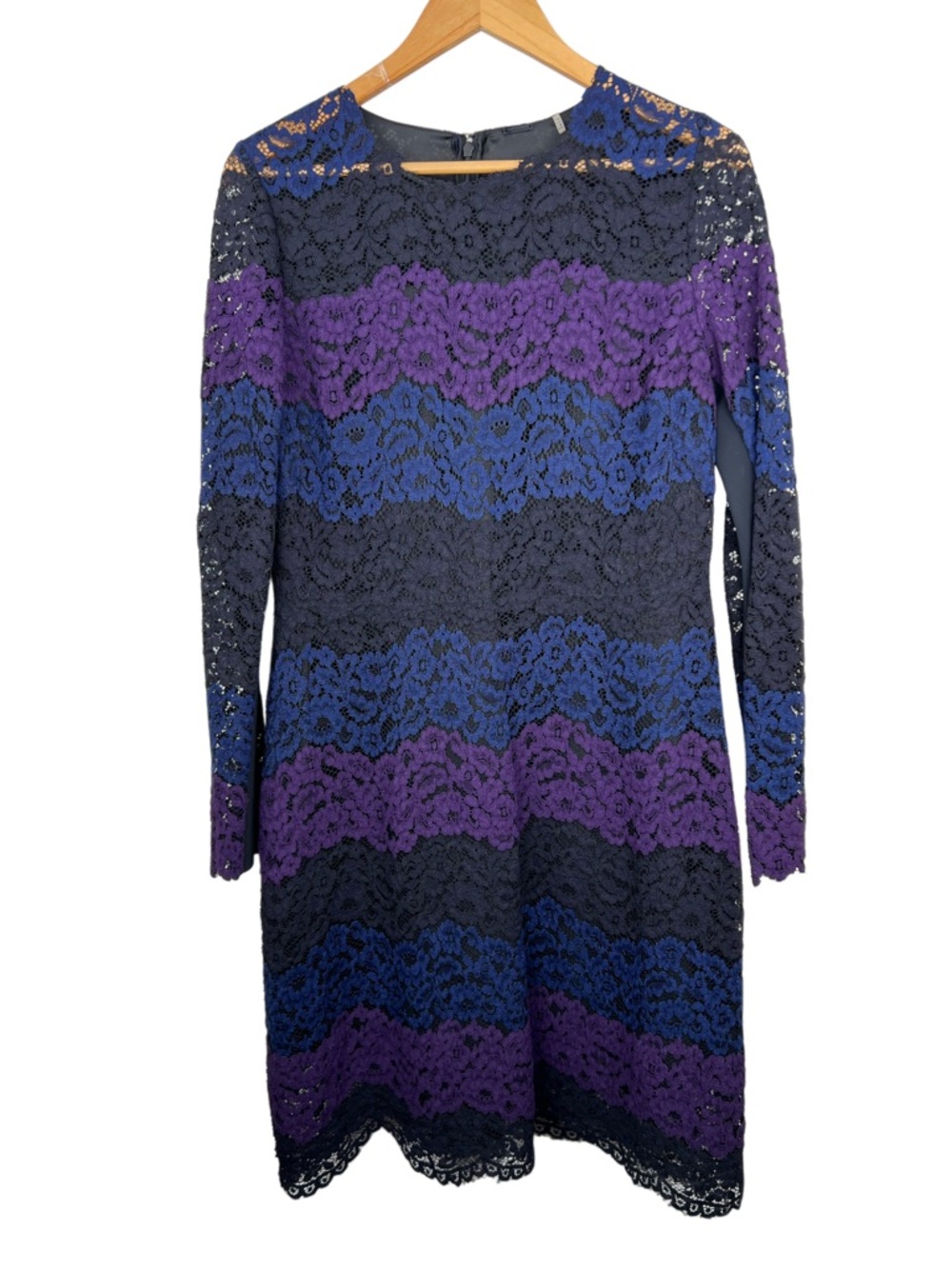 Elie Tahari Lace Dress Size 10 Black Purple Blue Sheath Long Sleeve Cocktail